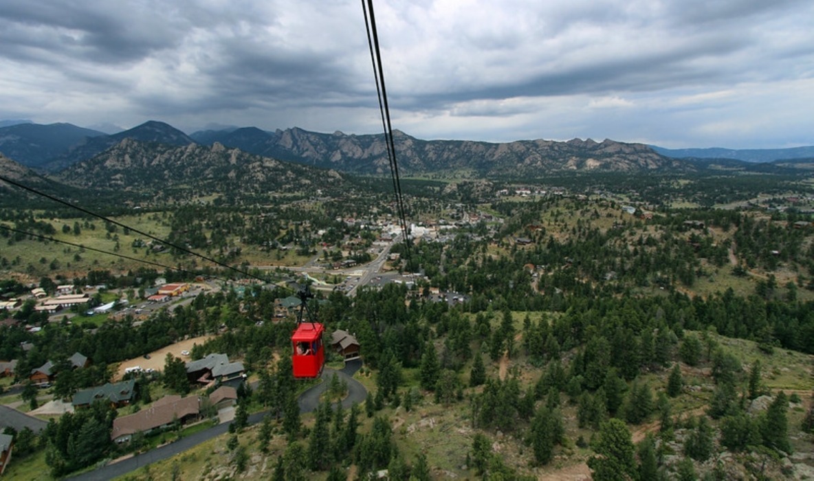 Tourists riding the Estes Park Aerial Tramway. Non-hiking activities in Rocky Mountain National Park.