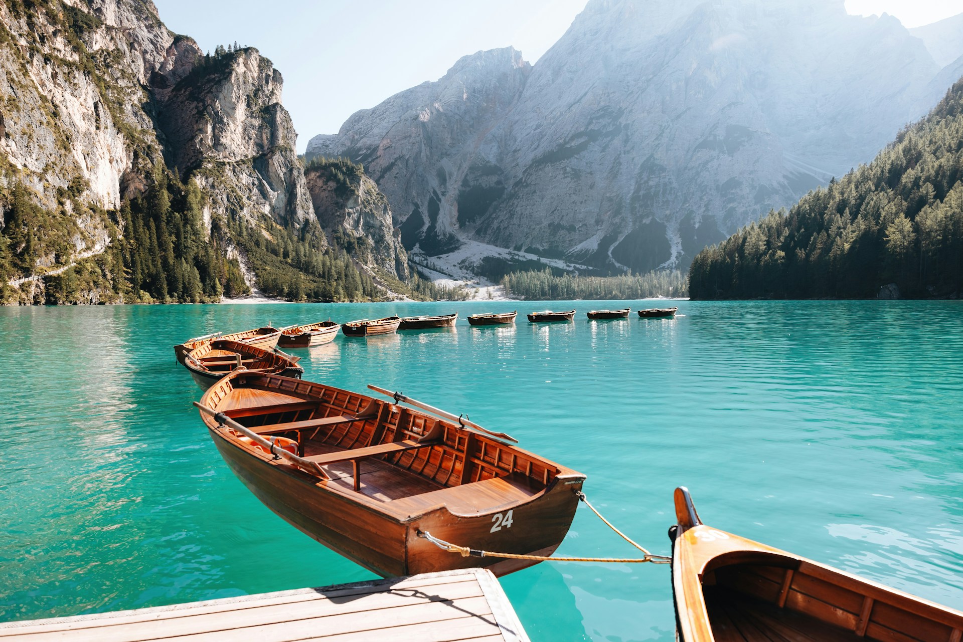 A couple of boats on a lake in the Dolomites, Italy.