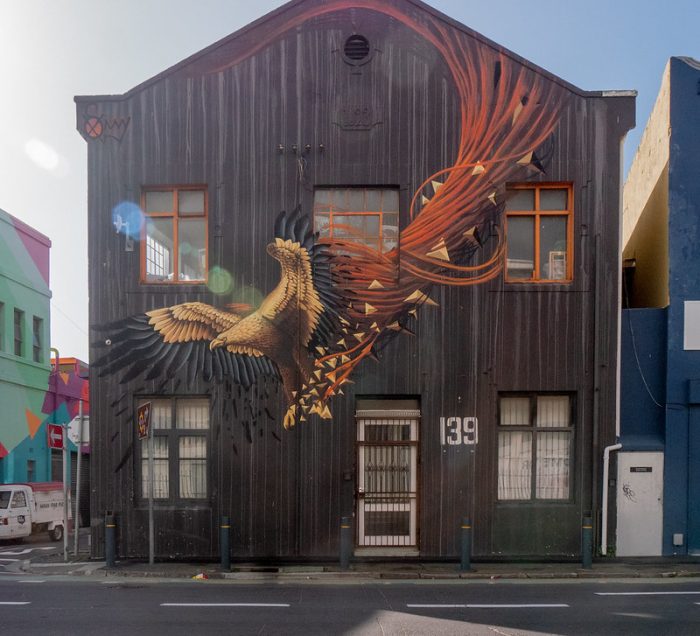 Golden Eagle Swooping mural in Woodstock neighborhood. Best walking tours in Cape Town