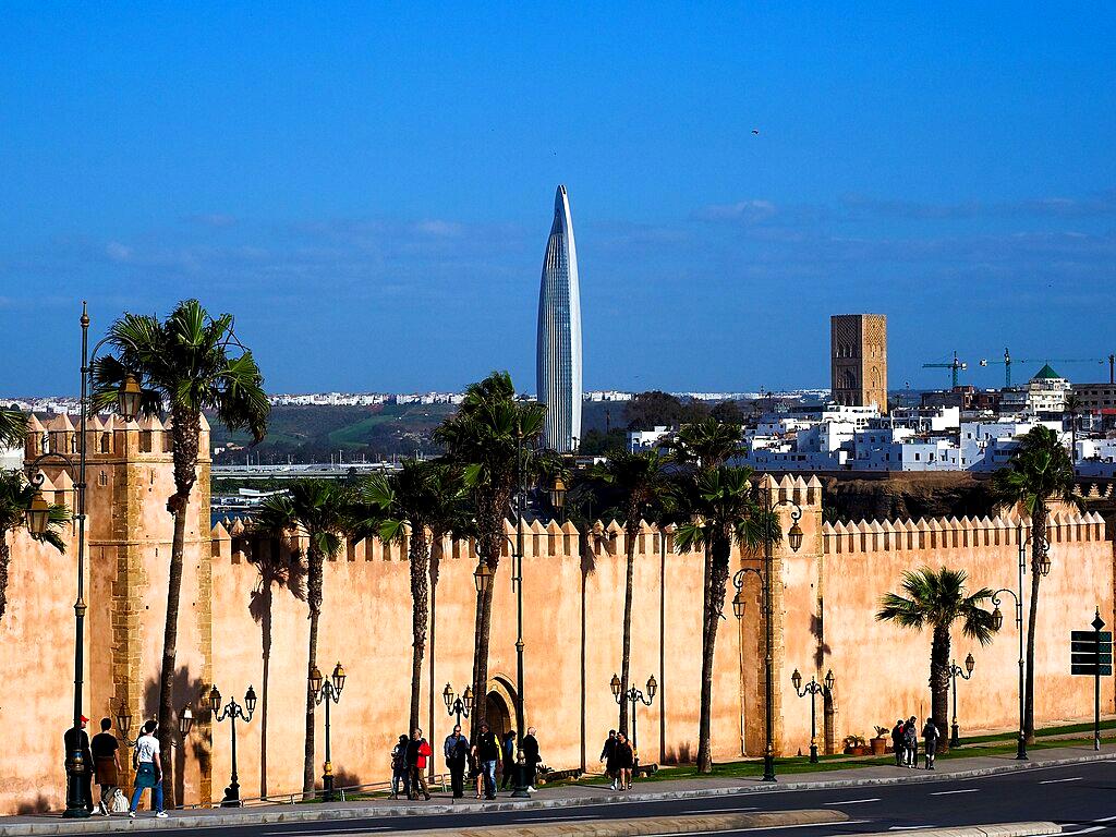 Walls of Kasbah of Udayas and new Mohammed VI Tower