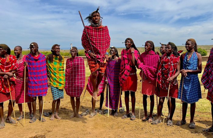 A beautiful picture of the Maasais wearing their cultural clothing. Unique souvenirs in Africa. 