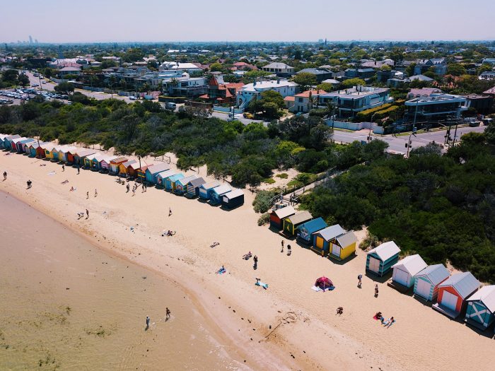 An aerial view of Brighton beach, Melbourne, Australia